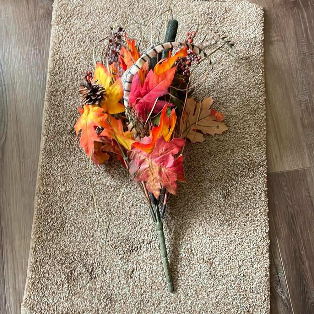 ￼Faux Fall Floral Bouquet with cattails and feathers